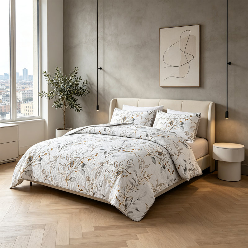 Ensemble de courtepointe réversible gris à motif botanique pour lit king, couvre-lit élégant à motif de feuilles