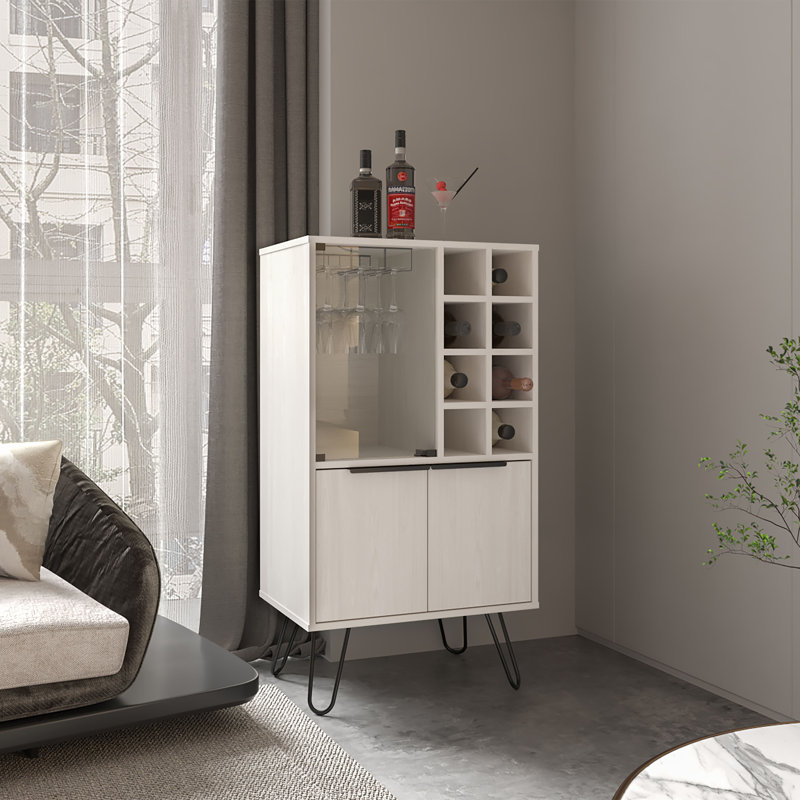 Bar Cabinet 43.1" H, with 2 Doors, 9 Shelves, and 1 Glass Panel, White Washed Oak
