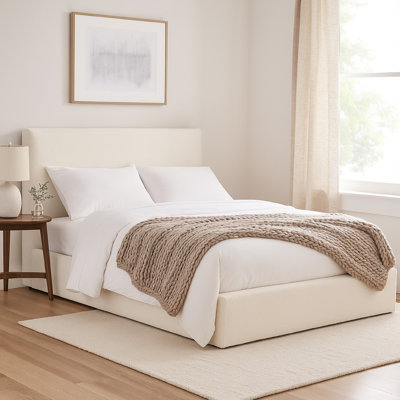 Zea King Size Bed, Sand Beige Polyester Upholstered Low Profile Frame