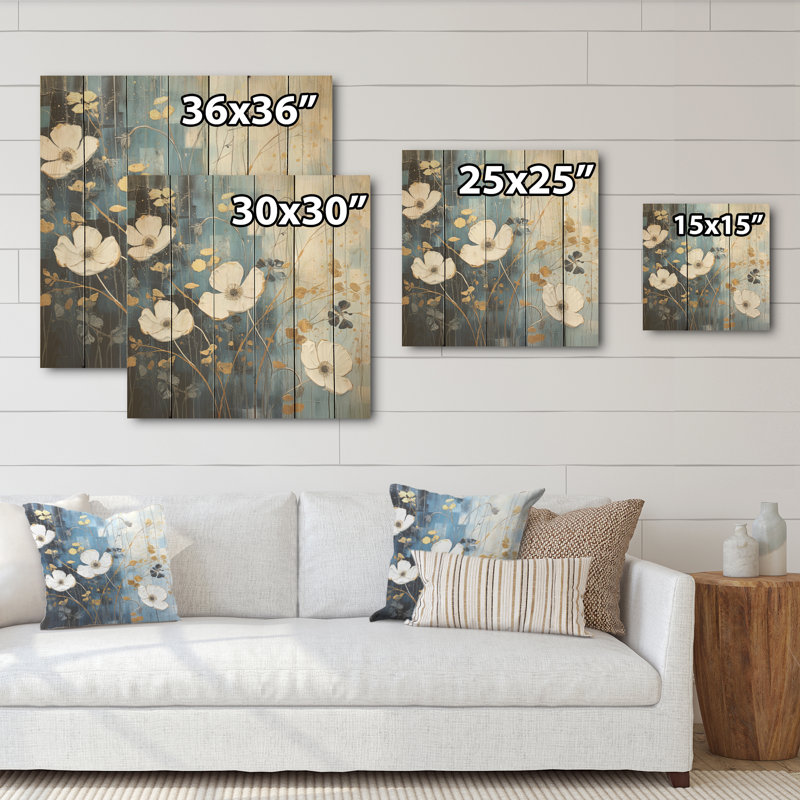 White And Blue Buttercups Minimalism - Buttercups Wood Wall Art On Natural Pine Wood, 36" H x 36" W