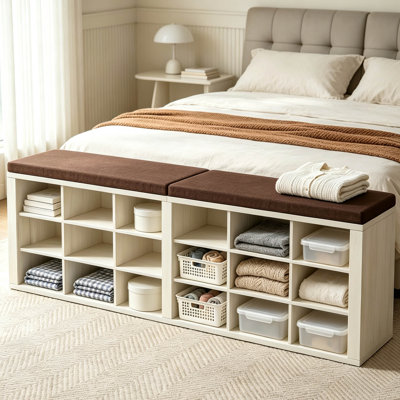 18-Cubby Shoe Storage Bench with Cushion & Removable Dividers, 400 lbs Capacity Entryway Bench with Linen Seat for Hallway, Living Room, Bedroom