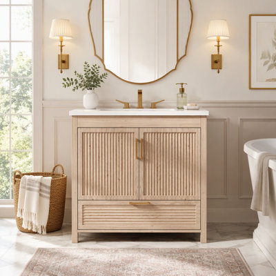 Meuble-lavabo sur pied avec lavabo, portes à fermeture amortie, tiroir à extension complète, panneaux cannelés ondulés, fini chêne.