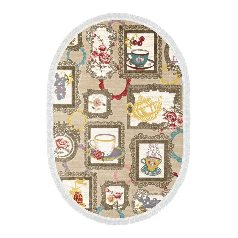 Tapis ovale en polyamide tissé à la machine en brun / beige / bleu, Ovale 5 pi 3 po x 7 pi 7 po