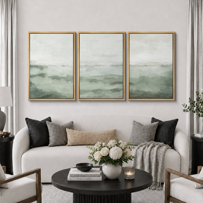 «Minimal Landscape», art organique moderne vert sauge, images murales abstraites simples dans la chambre à coucher, grand ensemble de 3 impressions murales sur toile, 16 x 24 x 3, 24 x 36 x 3