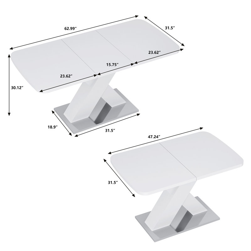 Modern Square Dining Table, Stretchable, White Table Top+MDF X-Shape Table Leg With Metal Base, White