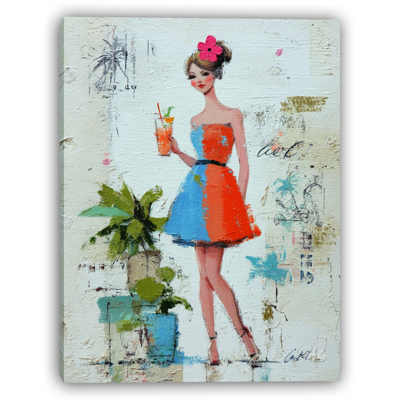 «Chic Lady» avec une robe rouge et bleue sur toile tendue, H 24 po x l 16 po