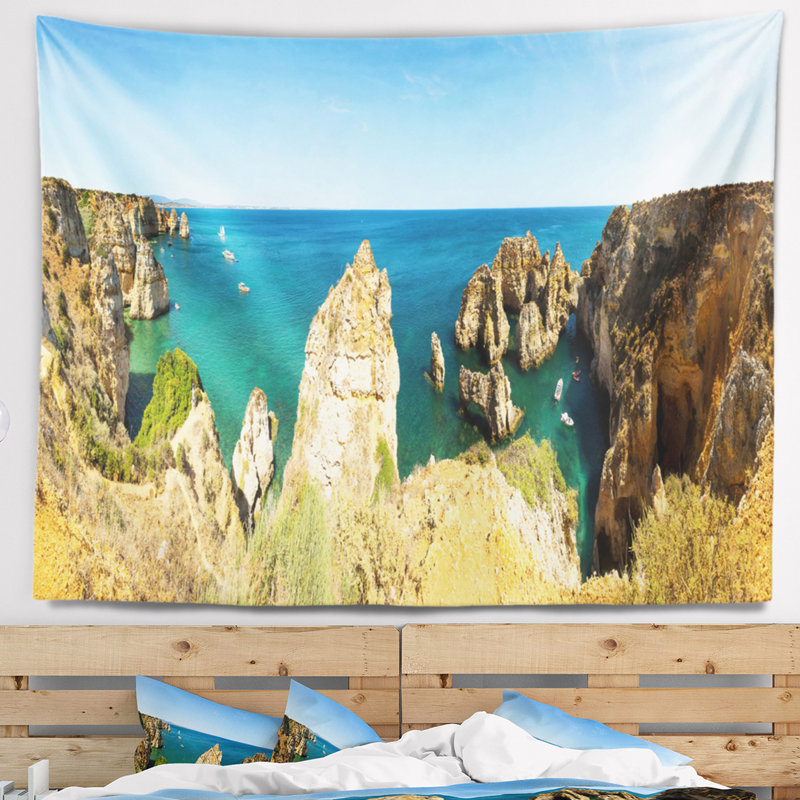 Plage, plage, montagnes nuageuses, tapisserie panoramique, H 32 po x l 39 po