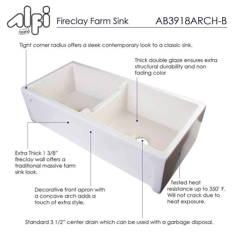 39'' L Double Bowl Fireclay Kitchen Sink, Biscuit