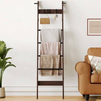 Blanket Ladder for Living Room, Decorative Quilt Rack with 4 Removable Hooks, 6-Tier Farmhouse Ladder Holder Shelf Organizer for Bedroom, Black Tea Brown