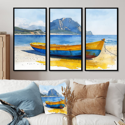 «Italian Boat Beachside Tranquility - Beach», ensemble de reproductions d'art mural