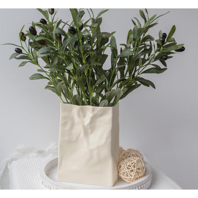 8-Inch Cream White Paper Bag Vase - Crinkle Ceramic Boho Wabi-Sabi Decor, Ideal Gift for Women