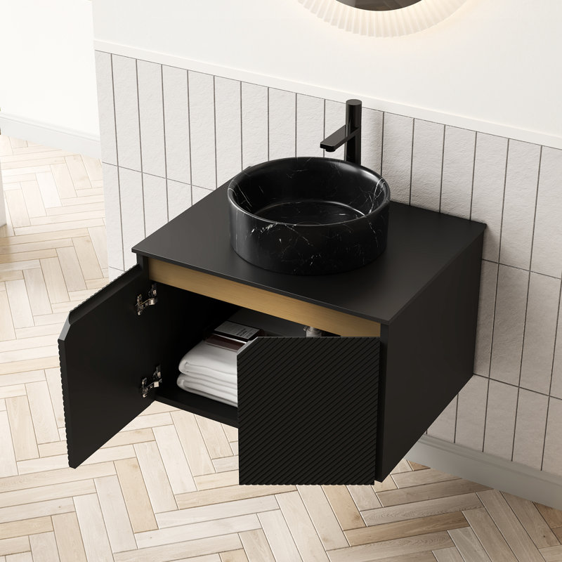 Meuble-lavabo flottant noir de 24 po en pierre: lavabo en céramique, comptoir fritté, armoire à double porte en sergé avec lavabo mural à fermeture en douceur, motif veiné gris, portes et fermeture