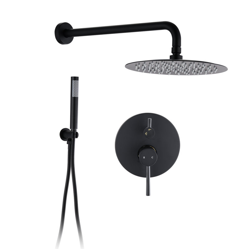 Wall Mounted Shower In Matt Black. 10" Rain Head And Handheld. Balancing Valve. Adjustable Holder, 360 Rotation. Corrosion . 1.8 Gpm Flow Rate. Dual Type. Compatible With Us Plumbing
