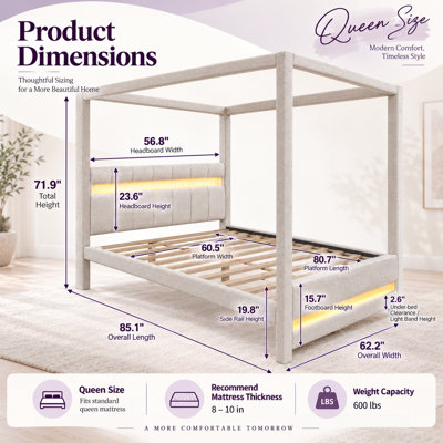 Lit plateforme Beigelora Queen Size à baldaquin capitonné beige avec cadre à quatre colonnes, tête de lit rembourrée en tissu, bandes DEL personnalisables intégrées à la tête et au pied de lit.