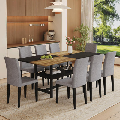 Ensemble de table de salle à manger rectangulaire pour 8 personnes, ensemble de table de salle à manger 71 po avec 8 chaises rembourrées et tablette de rangement, plateau de table en bois avec structure en métal