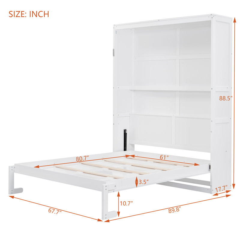  Grand lit escamotable avec tablettes, lit escamotable mural et armoire de rangement, blanc