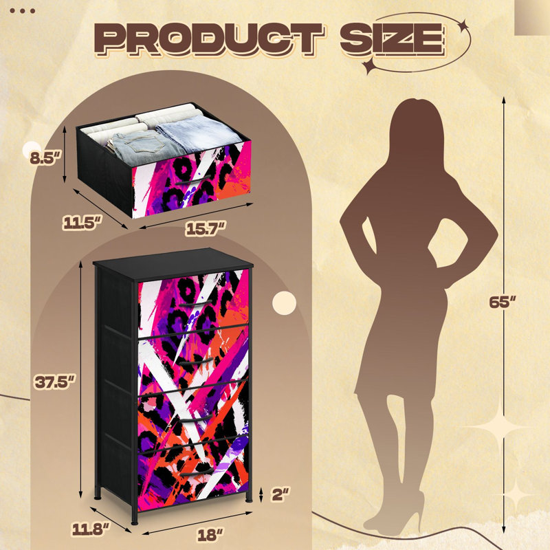 Bold Dresser for Bedroom with 4 Storage Drawers Contemporary Fashion Bold Animal Prints Intense Colors Dressers Chest of Drawers Steel Framed Fabric Closet Organizers for Dorm Entryway