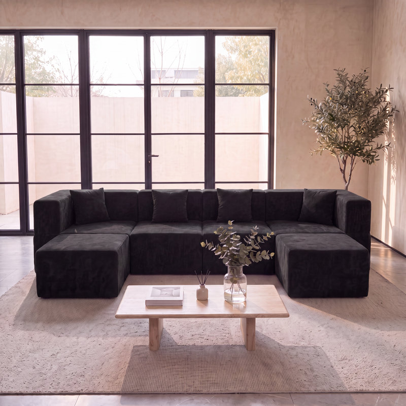Canapé modulaire en chenille désossé en U / L 130 po avec ensemble de repose-pieds Horgan de Horgan, canapé modulaire en mousse à compression, assise profonde