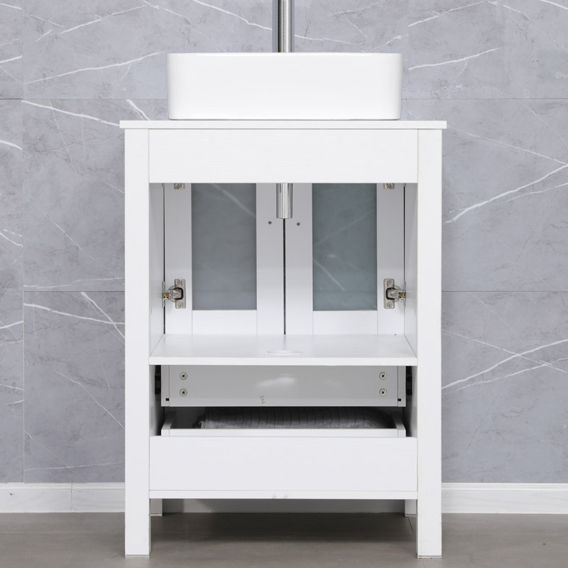 24" White MDF Bathroom Vanity with Ceramic Sink and Chrome Faucet