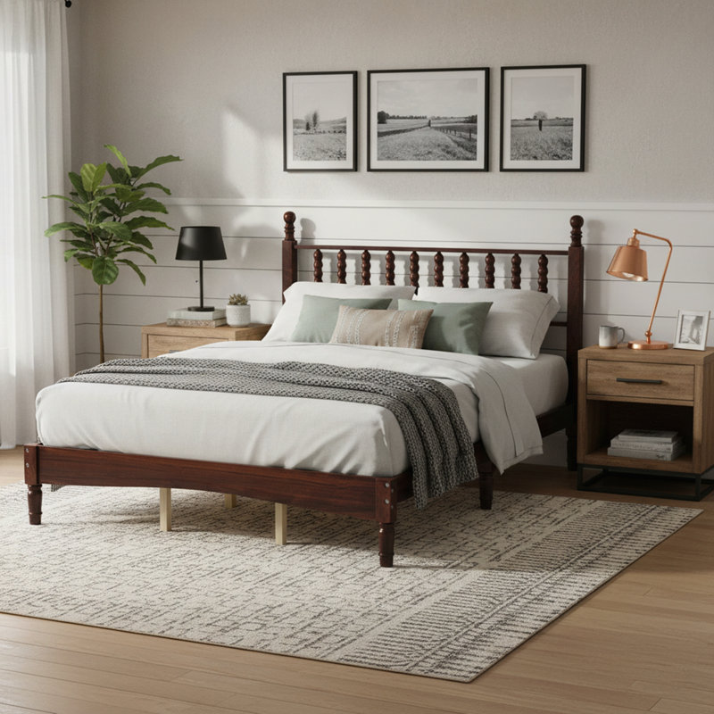 Queen Size Wood Platform Bed with Gourd Shaped Headboard, Retro Style, Wooden Slat Support, and Warm Walnut Finish