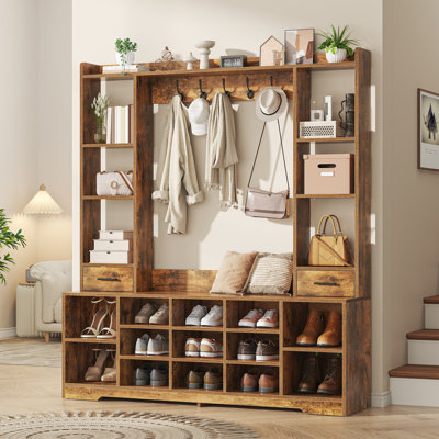 6-In-1 Entryway Hall Tree With Shoe Bench, 13 Cubbies & 2 Drawers, Multi-Functional Storage Organizer For Entryway, Hallway, And Mudroom by Hokku Designs