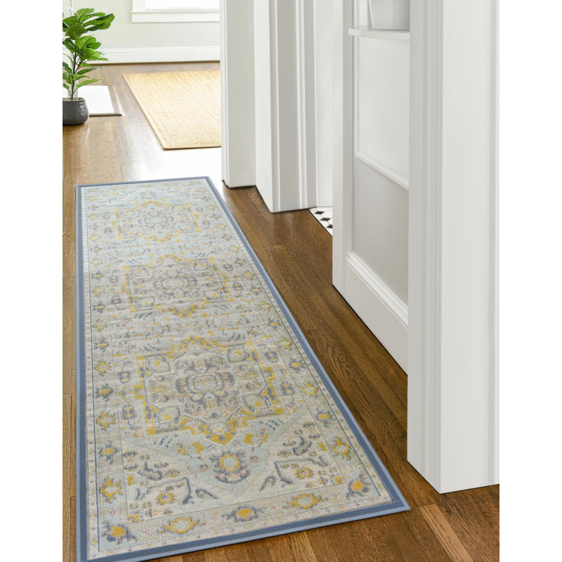 Tapis traditionnel bleu clair Matthei, Tapis de couloir 2 pi x 6 pi