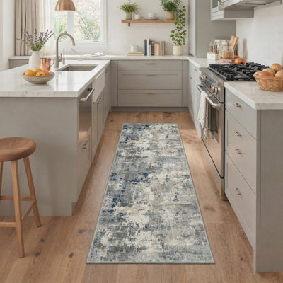 Modern Abstract Machine Washable Navy Blue/Charcoal Grey/Beige Indoor Area Rug with Non-Slip Backing