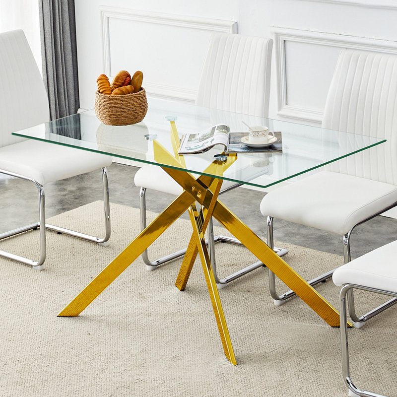 Carlinda Glass Dining Table for 4-6 People, Rectangular Kitchen Table with Cross Metal Legs, Modern Dining Table for Small Spaces
