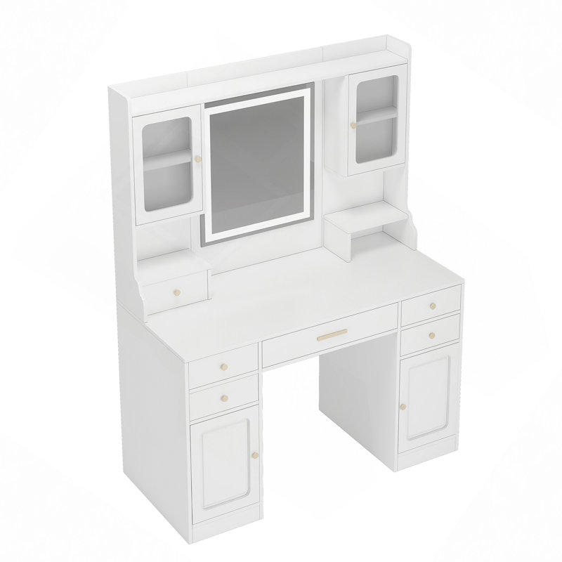 Grande coiffeuse avec miroir, 6 tiroirs et tablettes, bureau de commode