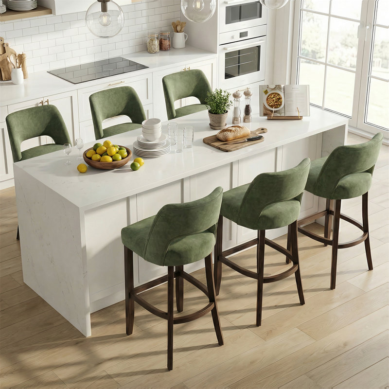  Bisto Faux Leather Upholstered Counter Height Bar Stool With Solid Wood Legs Set of 6, Green, 6