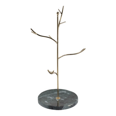 Présentoir à bijoux moderne en forme de branche d'arbre pour coiffeuse - Rangement contemporain avec base en pierre - 30 cm, vert et or