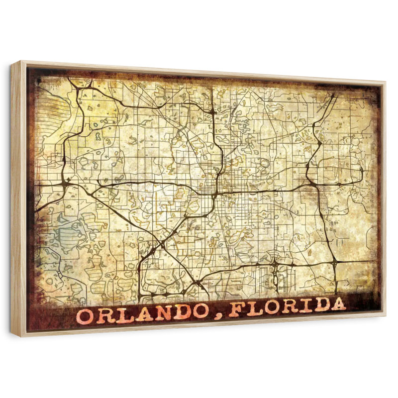 Rétro carte de la ville de Orlando, Cadre flottant en bois naturel, 19 po x 13 po