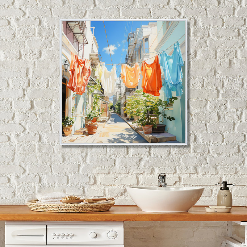 Laundry Day In Italy V - Laundry Wall Art, 16" H x 16" W x 1" D, White Floater Framed
