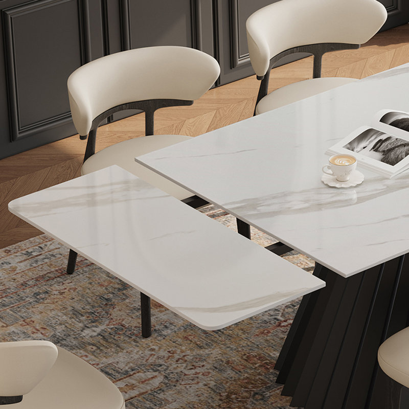 94.5 Modern Extendable Dining Table, White Faux Marble Rectangle Kitchen Table with Carbon Steel Double Base, Adjustable Feet