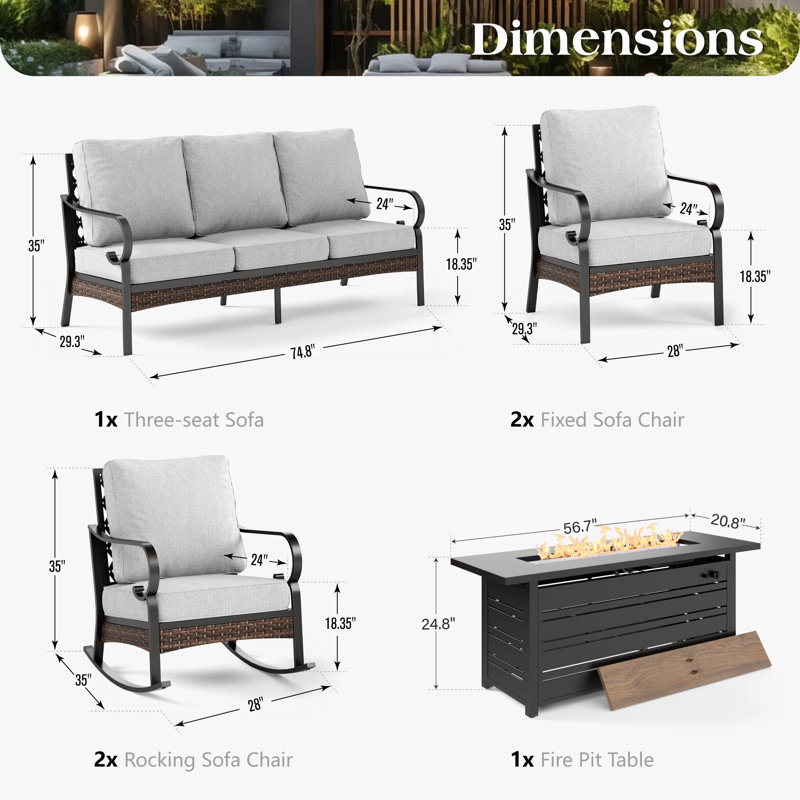 Ensemble de conversation d'extérieur pour 7 personnes avec 2 chaises longues berçantes et foyer, Noir / gris clair / noir