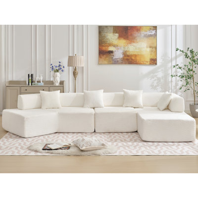 140 po en L modulaire avec méridienne, sans tracas d'assemblage, revêtement doux, canapé 4 places, blanc minimaliste moderne - assemblage, salon confortable