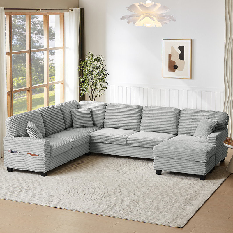 125.2"W 5-Piece Upholstered L-shaped Sectional with a Movable Ottoman, Gray Corduroy