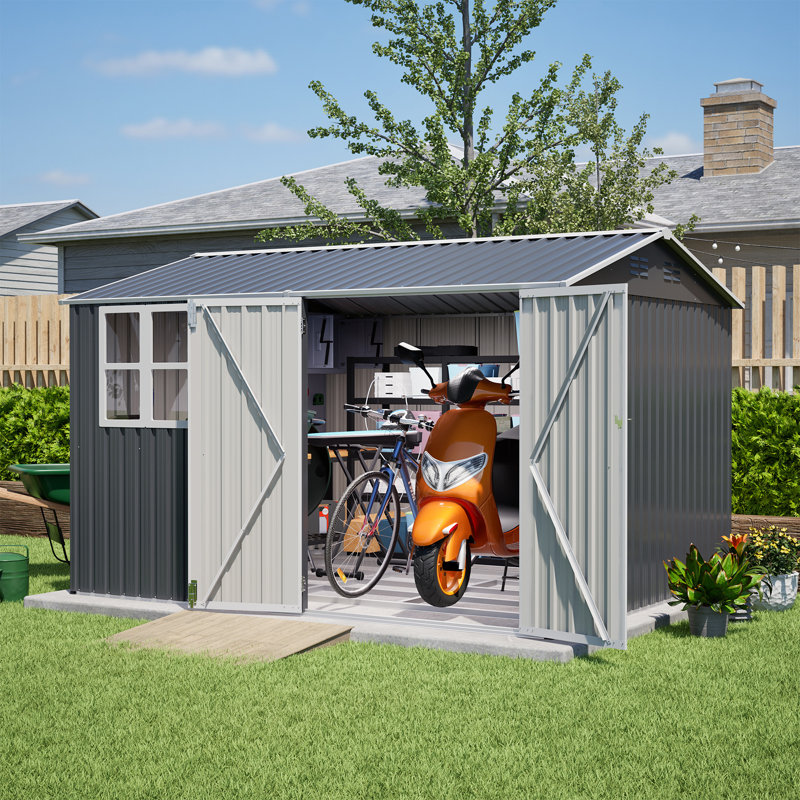10X8FT Outdoor Steel Storage Shed With Clear Window, Lockable Doors, Weather-Resistant Metal Tool Shed For Garden, Backyard, Patio, And Utility Storage,Gray