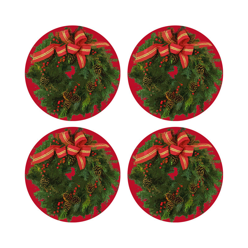Christmas Wreath Vegan Leather Round Pebble Placemat, Red