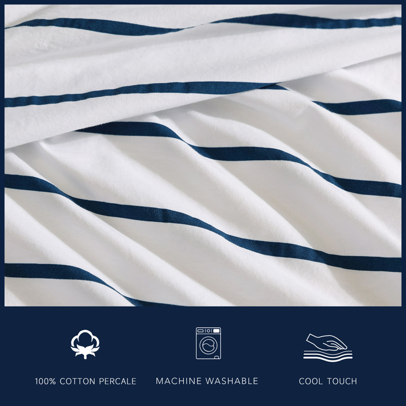 Bradford 200 Thread Count Breathable Cotton Percale Sheet Set, Twin XL Sheet Set with 1 Pillowcase, Brenton Stripe Blue