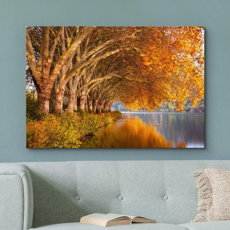 «Autumn Fall Orange Leaf Forest Lake» sur toile, Toile tendue, H 24 po x l 36 po x P 1,5 po