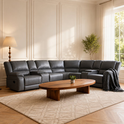 Canapé modulaire réversible inclinable en similicuir 5 places avec 2 consoles et 4 porte-gobelets