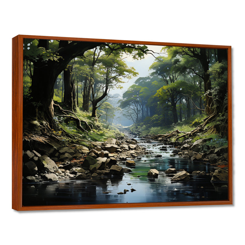 «Gentle River Through Country Charm Forest», art mural forêt fluviale, H 24 po x l 32 po x P 1 po, Cadre flottant brun