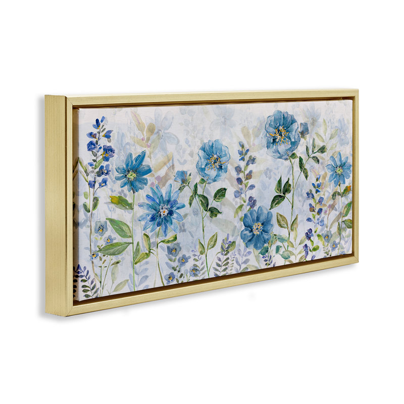"Wild Blue Poppies", art mural encadré par Sally Swatland, Cadre flottant métallique doré, H 14 po x l 31 po