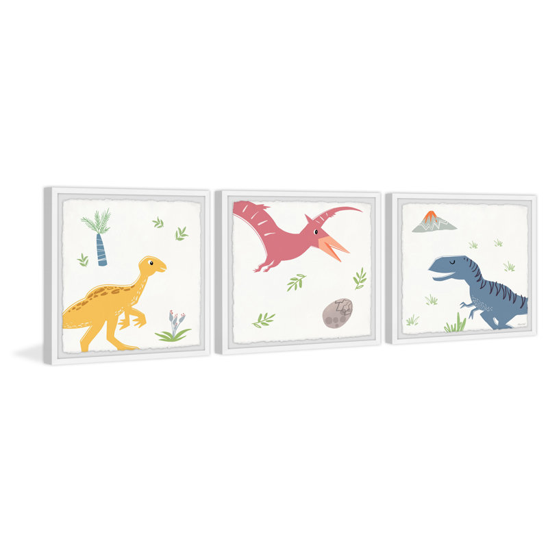 Land Of The Dinosaurs Triptych - 3 Piece Single Picture Frame Print Set, 45cm H x 135cm W