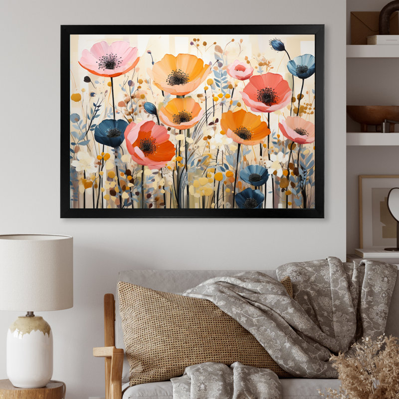 «Coral Orange Whimsical Botanical Wilds I - Abstract Botanicals», reproduction sur toile encadrée, Cadre simple noir