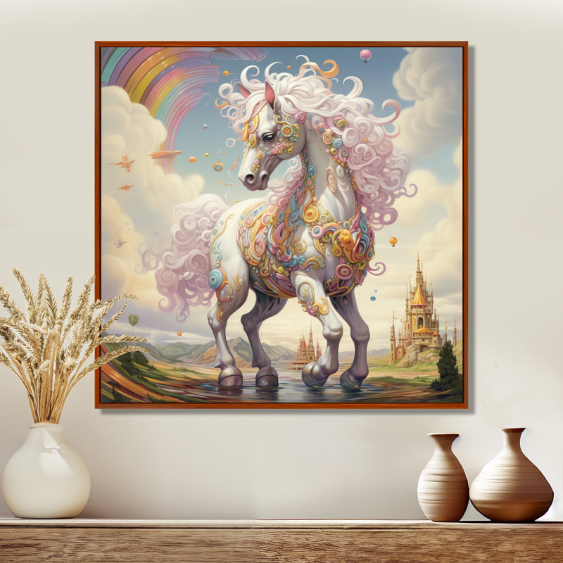 Cheval blanc licorne blanche, crinière rose, art mural cheval, H 16 po x l 16 po, Toile brune avec cadre flottant