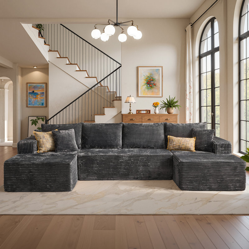 Navarrie Boneless 134" U-Shaped Sectional, No Assembly Required Compression Sofa with Dual Chaises, Gray