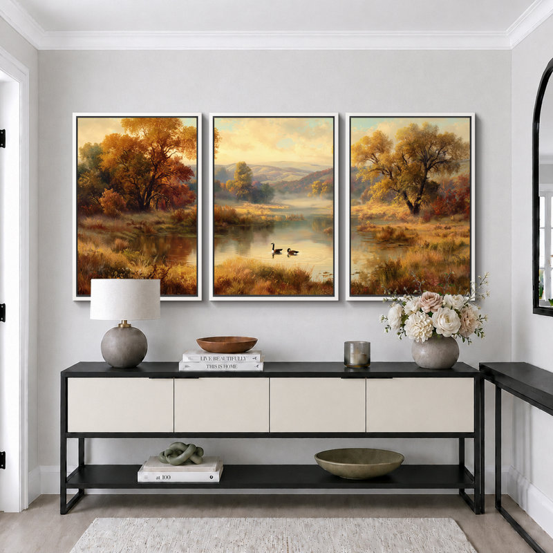 «Golden Autumn Pasture Landscape», art de salle à manger, impression sur toile encadrée, 3 pièces, Cadre blanc