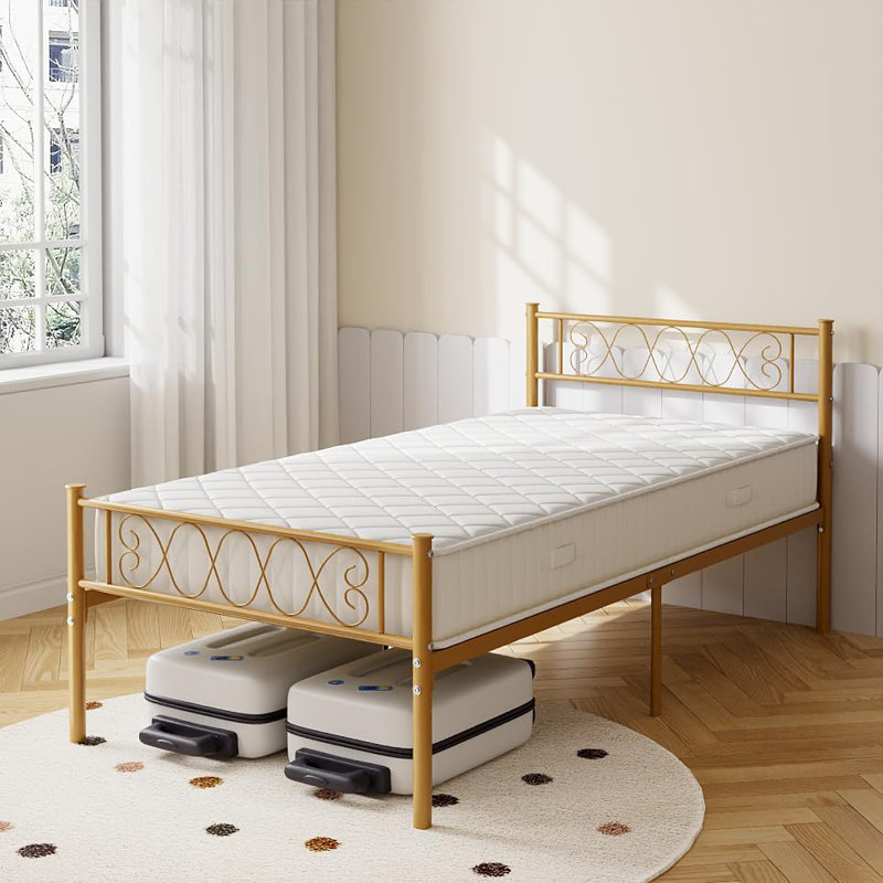 Twin Metal Bed Frame with Heart Headboard & Footboard, Storage, Gold, Gold, Twin